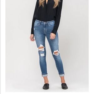 Flying Monkey Women's Mid Rise Distressed Cuffed Skinny Crop Jeans